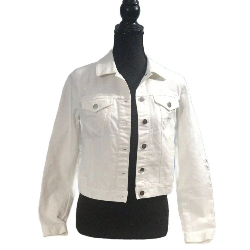 Maison Jules White Denim Jacket with Floral Sleeve Cutouts Size XS